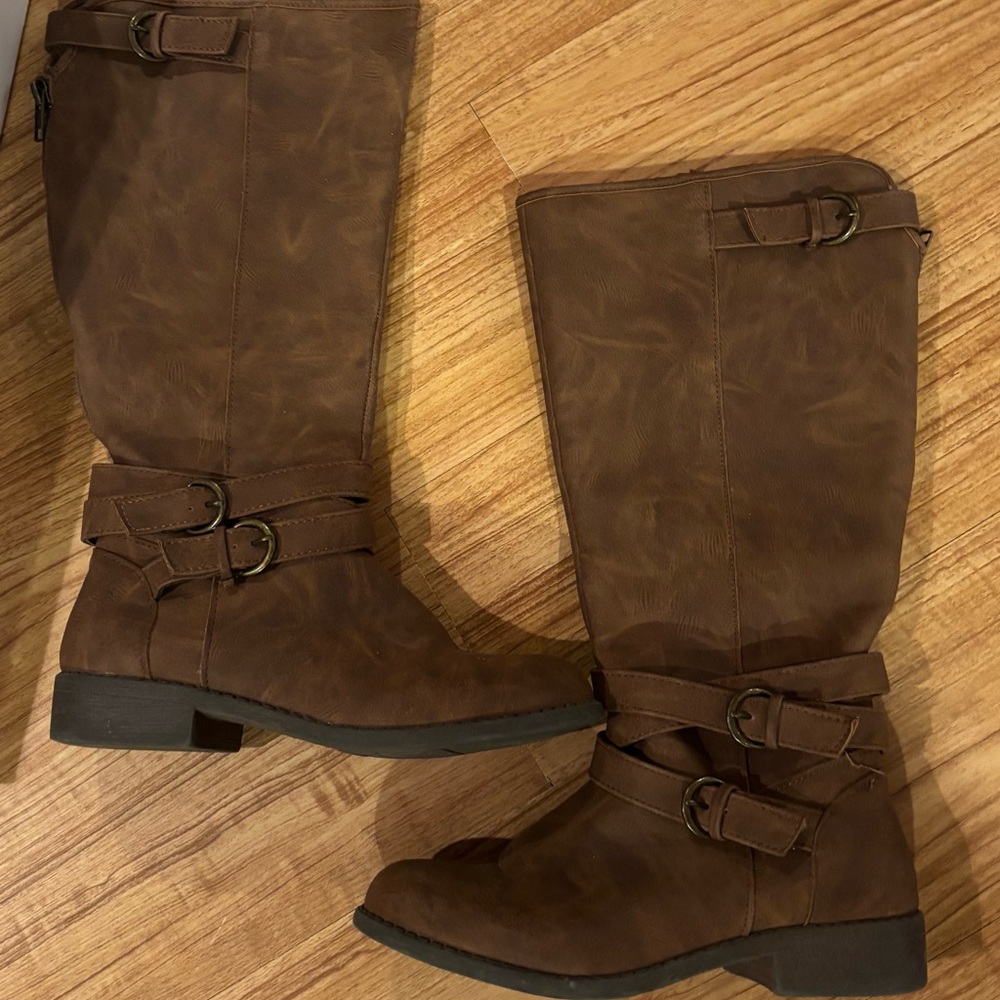 Madden Girl Brown Suede Mid-Calf Boots with Buckle Details